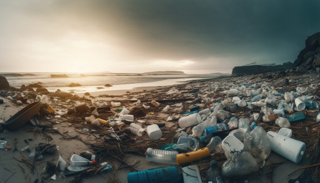 Playa contaminada con basura y desechos plásticos. Conciencia ambiental y la importancia de mantener nuestras playas limpias.